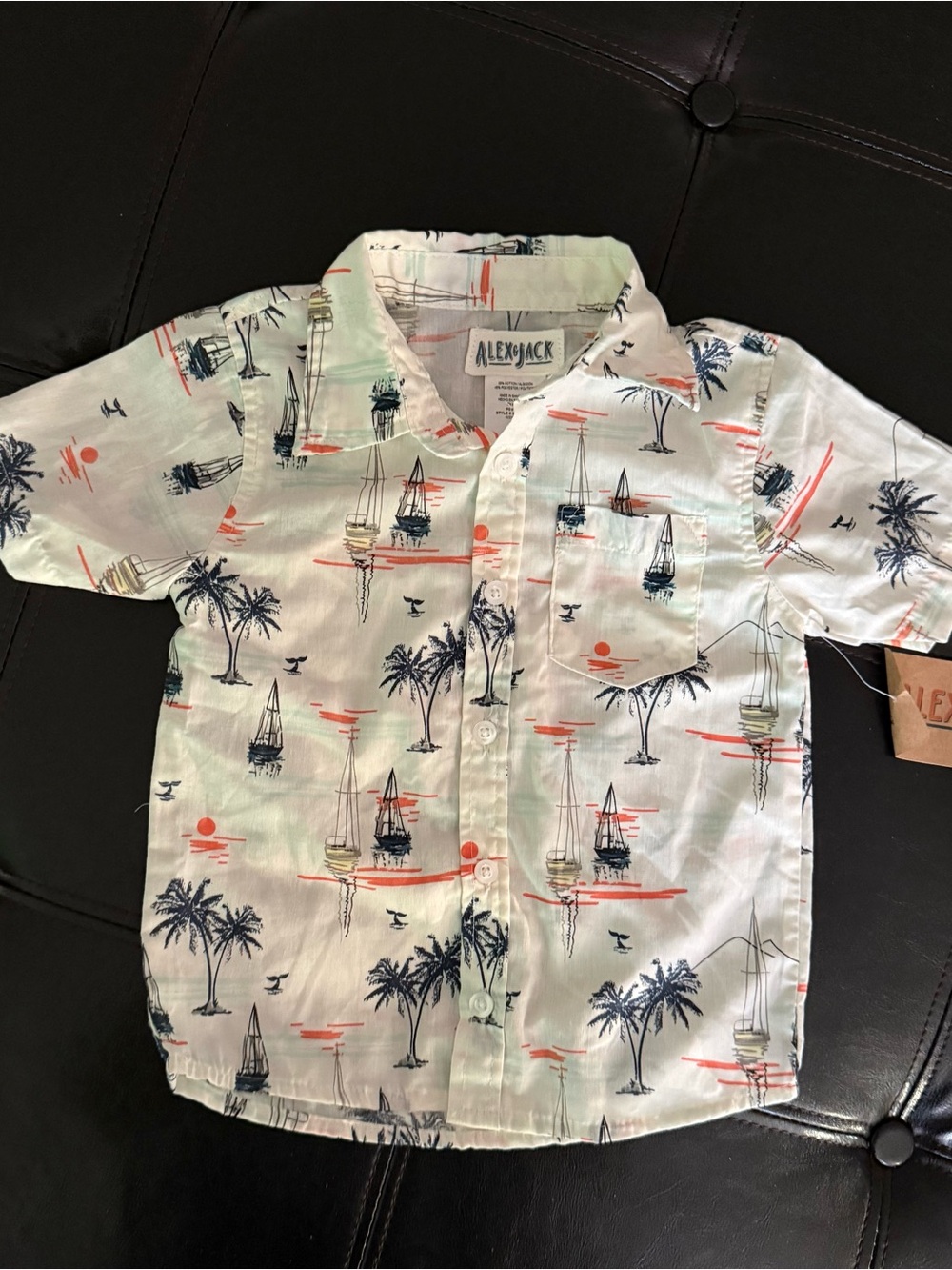 White Tropical Sailboat Print Button-Down Shirt for Kids